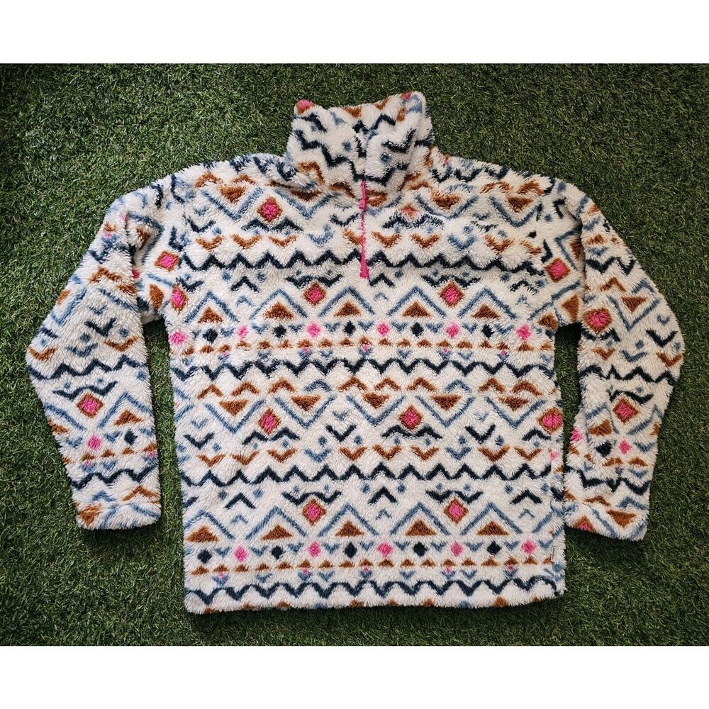 Eddie Bauer Sweater Womens Large Pullover Fleece 1/4 Zip Aztec Tribal Faux Fur
